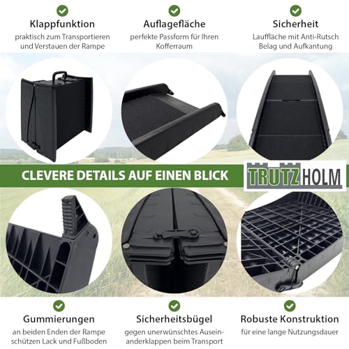 TRUTZHOLM Hunderampe klappbar 75 kg Tragkraft Anti-Rutsch Lauffläche Einstiegshilfe für Kofferraum Hundeautorampe Kofferraumrampe platzsparend leicht stabil schwarz (DREIFACH)