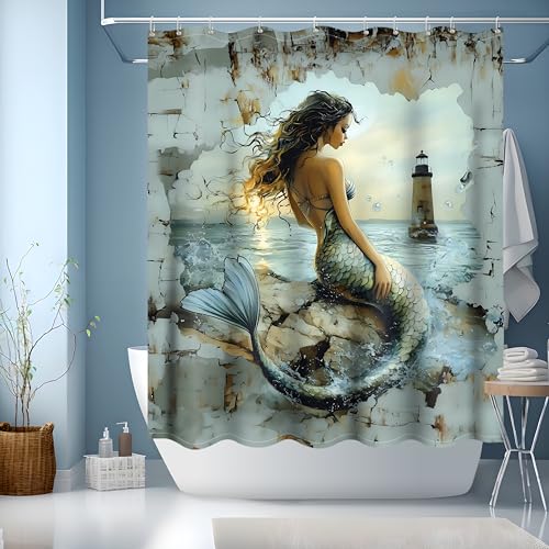 Cortina Ducha 150x180 cm,Cortina de Ducha Originales,Cortinas de Baño Modernas con 12 x Ganchos,Cortina Bañera con Dobladillo Ponderado,Sirena