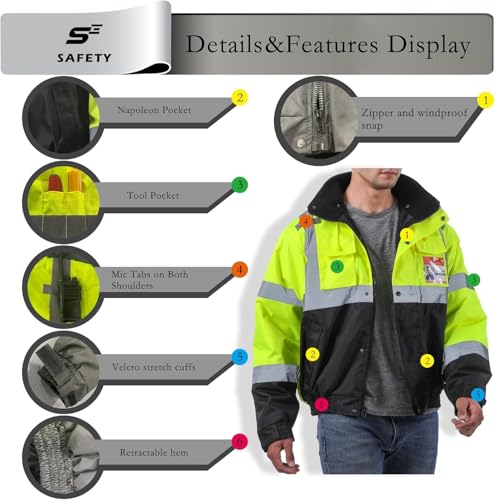 sesafety Reflective Jacket for Men, High Visibility Jackets, Safety Jackets for Men, Hi Vis Construction Bomber Jackets Waterproof with Pockets and Zipper, Black Bottom, Class 34