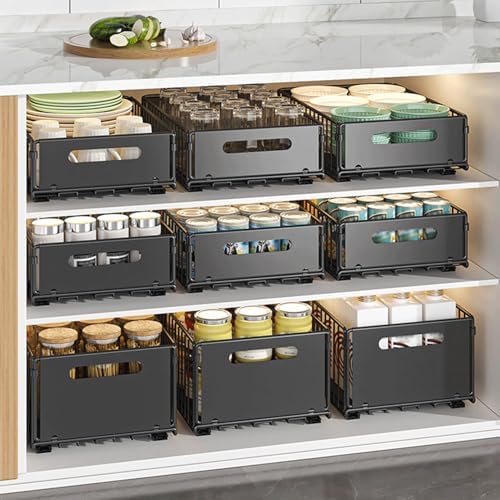 Soft Close Wire Basket Pull Out Shelf Organizer for Kitchen & Bathroom, Stackable Multi-Purpose Storage Solution, Versatile Black Design for Easy Organization