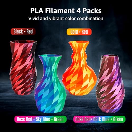 Image of Silk 3D Printing Filament PLA+ Tricolor and Dual Color 4-Pack Bundle - 1.75mm 3D Printing PLA Pro 250g x 4 Spools, Rose Red&Sky Blue&Green, Rose Red&Dark Blue&Green, Gold&Red, Black&Red