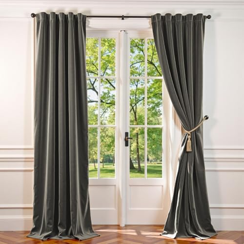 Image of Extra Long Grey Velvet Curtains Rod Pocket 42x120 Inch 2 Panels | Room Darkening, For Tall Windows & High Ceilings, Light Shifting Texture, Elegant Drape, Soft, Cozy