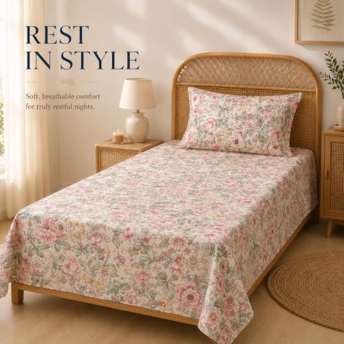 Image of BSB HOME 240 TC Premium Single Bed Bedsheet, Soft Floral Printed Bed Sheet, Elegant Cotton-Look Bedding with Stylish Floral Pattern Bedsheet for Bedroom, 60 x 90 Inches (152 x 229 cm) - Pale Sand