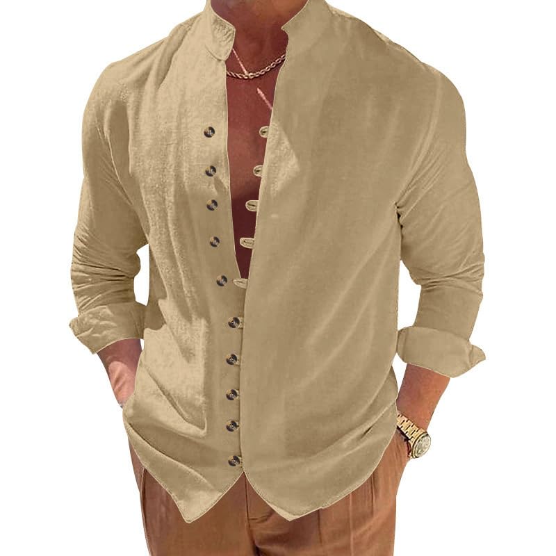 Mens Retro Casual Shirt - Long Sleeve Button Down Stand Collar Loose Fit Plain Shirt for Vacation Wear
