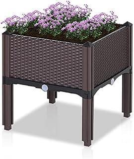 Taylor & Brown Elevated Plastic Raised Garden Bed Planter Box Kit Rattan Effect For Flower Vegetable Herbs With Self Water Design & Drainage Holes - Brown