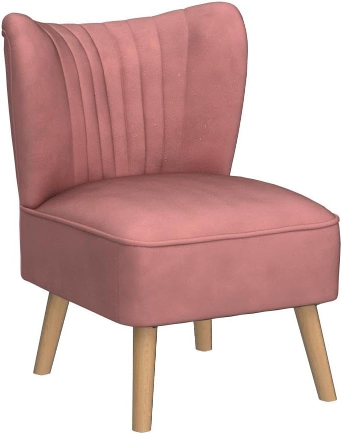 KOMFOTT Velvet Accent Chair, Modern Armless Sofa Chair with Solid Rubber Wood Legs, Wingback Leisure Chair with Thick Cushion, Upholstered Side Chair for Living Room, Bedroom, Pink