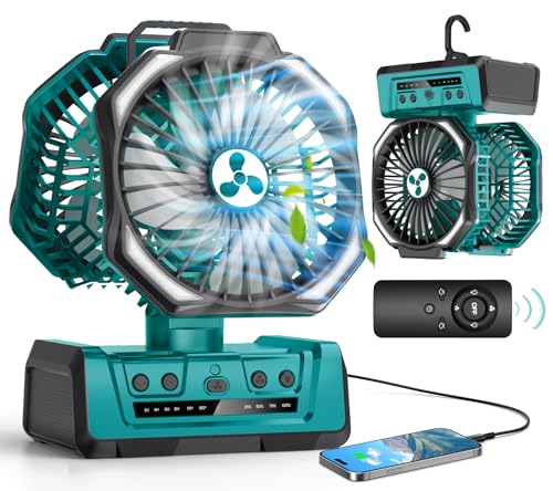 Dual Head Portable Rechargeable Fan 20000mAh Battery Powered Fan Camping Cordless with 360° Air Delivery, LED Lantern & Remote, Auto Oscillation, Battery Operated for Tent Office Travel Picnic Jobsite