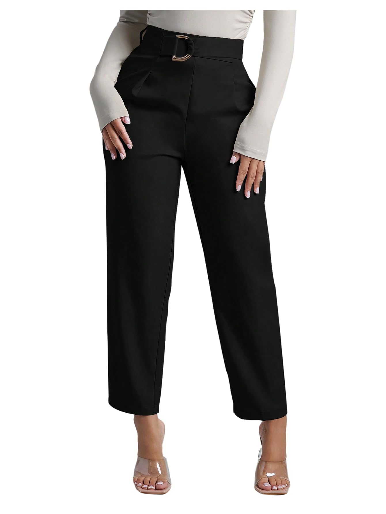 Milumia Womens High Waisted Work Pants Ring Belted Straight Leg Business Office Trousers