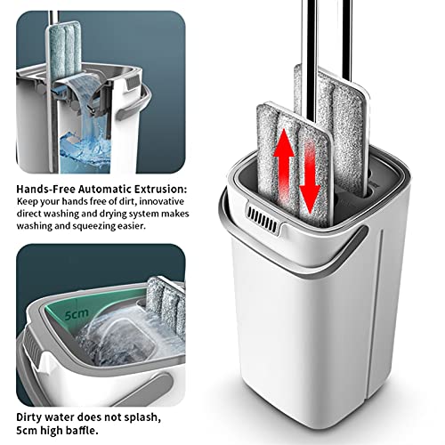 FURUIWUFENG wischmopp Der neueste Mopp mit Eimer Set Handfreie Reinigungswerkzeug Mikrofaser Mopp mit Eimer Kitchenreinigung Flacher Squeeze Mop bodenwischer (Color : White-6 Cloth) – Bild 4