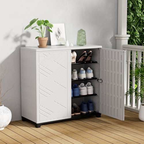 Image of KINYING Outdoor Storage Cabinet Waterproof, 60 Gallon Resin Outdoor Storage Shed for Patio /Garden /Backyard, Outdoor Storage Box for Cushions,Garden Tools and Pool Supplies(White W /O Shelving)
