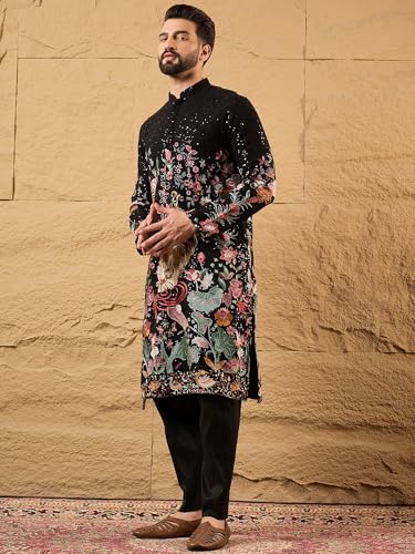 Image of Men Black Georgette Embroidered Solid Calf Length Kurtas | Mens | Solid Kurta's for Mens | Straight Fit Kurta for Men's