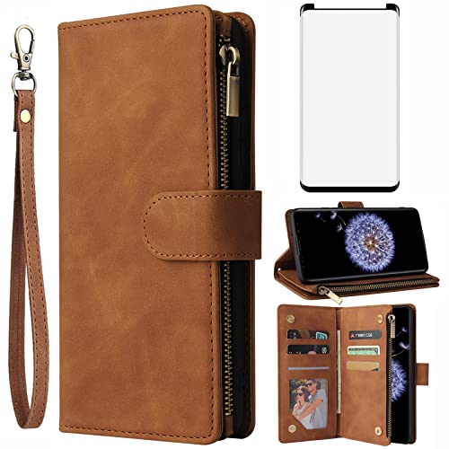 Coque Samsung S9 marron idéale pour voyager léger avec porte-cartes et vitre