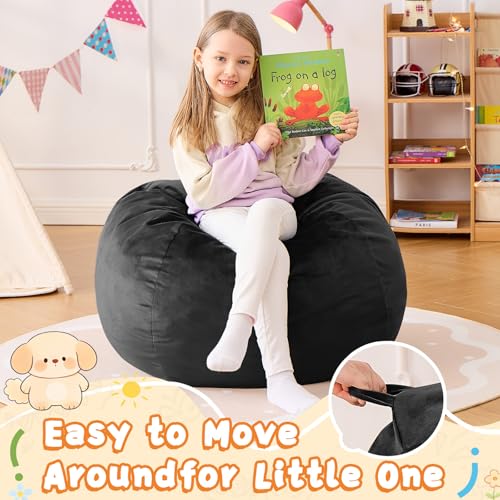 Image of Bean Bag Chairs for Kids - 2.5FT Round Memory Foam Furniture BeanBag Chair - Kids /Teens Bean Bag Sofa with Soft Micro Fiber Cover - Fluffy Couch for Playroom Living Room Bedroom, Carbon Black
