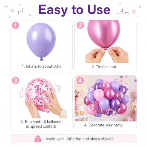 Image of Pink and Purple Balloons, 50PCS 12 Inch Confetti Balloons, Metallic Purple Pink Latex Balloons with Ribbon, Party Balloons for Birthday Shower Wedding Party Decorations