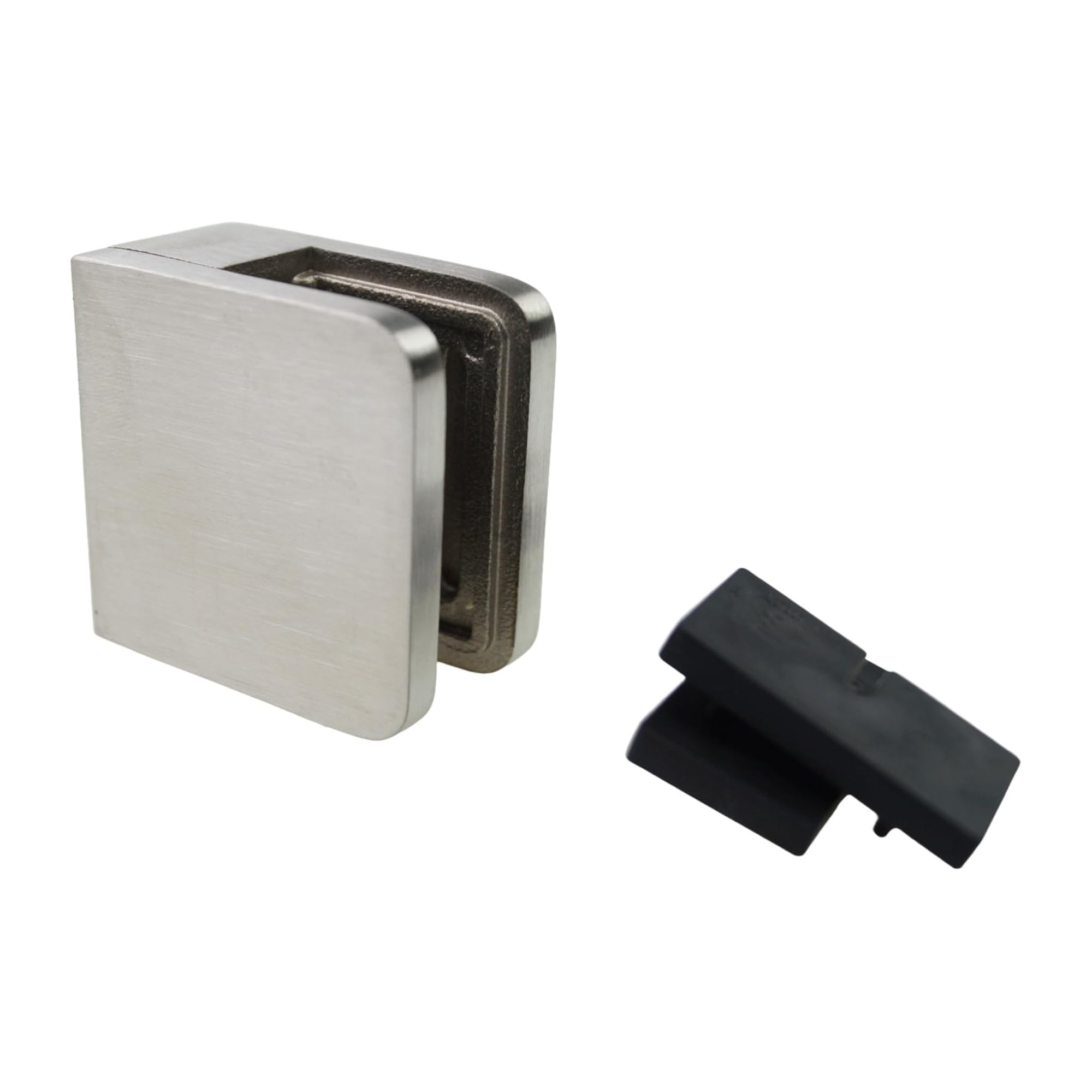 Sellon24 Zacisk szklany ze stali nierdzewnej V2A prostokątny 45 x 45 x 26 mm do szkła 8,76 mm - 12 sztuk uchwytów na szkło, model 23, przyłącze płaskie, szlifowane, w zestawie 24 wkładki gumowe i 24