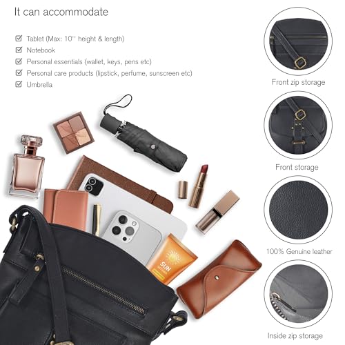 Image of Oak Leathers Leather Crossbody Bag For Women With Adjustable Sling Strap - Medium Size Crossover Shoulder Handbag Purse (Nappa Black)