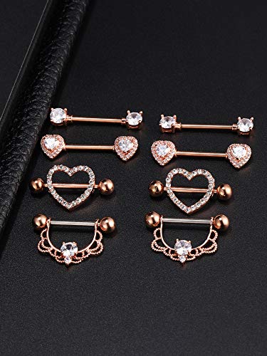 4 Pairs Stainless Steel Nipple Rings Tongue Ring Piercing Body Jewelry Barbell Cz Heart Shape Rings For Women Girls (Rose Gold Bar And White Zirconia) #TOP1