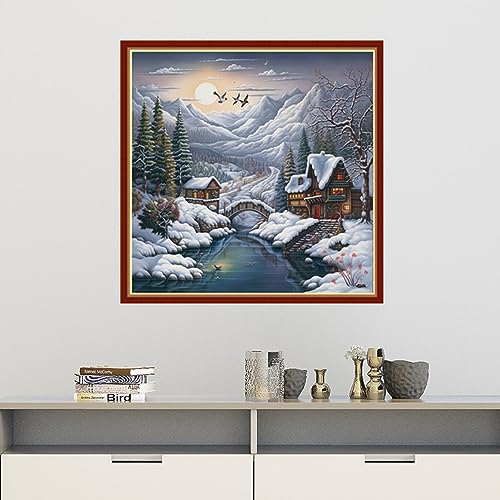 Image of Findvoor Stamped Cross Stitch Kits for Beginners Full Range of Cross Stitching Embroidery Pattern for Adults, 11CT DIY Needlepoint Embroidery Starter Kits-Winter snowscape 17.7x17.7 inch