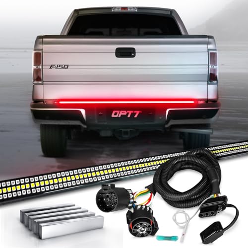 OPT7 Plug'n'Play Harness for 2005-2014 F150, Ram, Chevy Silverado, GMC Sierra 1500 + OPT7 60" Redline Triple Row LED Tailgate Light Bar w/Sequential Red Turn + 5pcs Easy-Install Neodymium Magnets