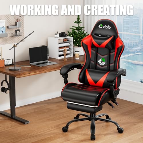 Image of Czlolo Gaming Chair with Footrest Racing Style Lumbar Support Massager Video Game Chair with Metal Legs, High Back Reclining Gamer Chair with Headrest, 360 Swivel Office Computer Desk Chair (Red)