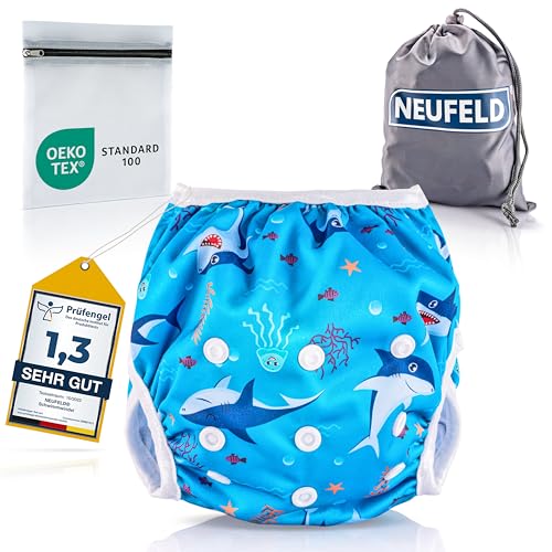 NEUFELD® Schwimmwindel Baby (inkl. GRATIS Tasche & E-Book) - Wiederverwendbare Schwimmwindel 2 Jahre - Baby Schwimmwindel (Gr.L, blau)