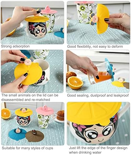 WSNDM 6 Pcs Silicone Glass Cup Covers, Reusable Anti-dust Cup Covers, Cute Cartoon Animal Shape Hot Drink Cup Lid, Creative Coffee Drink Cover, Suitable for Home Office Coffee Tea (4.5 Inch)