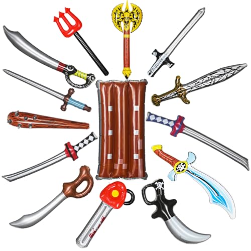 WinnerWhy 14 Pcs Inflatable Weapons Party Props Set Inflatable Sword Pirate Party Swords Inflatable Axes Shields Chainsaws Blow up Party Favors for Carnival Halloween Birthday Cosplay Party Supplies
