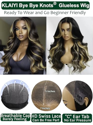 Image of KLAIYI Ombre Highlight Blonde Loose Body Wave Bye Bye Knots Glueless Wigs Human Hair 7x5 Precut Lace Front Pre Plucked Bleached Ready to Wear Go Wig with Face Framing Curtain Bang Caramel Brown 26Inch