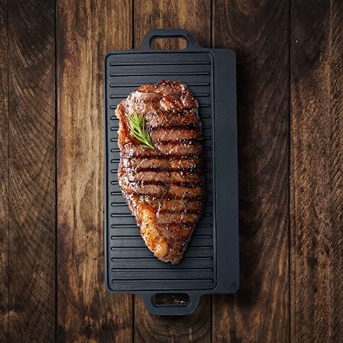 Cast Iron Griddle Plate for Gas Hob, Pre-seasoned Reversible Cast Iron Griddle Pan, Rectangular Plate Grooved to Drain Fats for Healthy Food Large Grill Pan & Steak Pan 45cm X 23cm