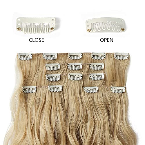Blonde Hair Extensions, Hspjhtm Clip In Hair Extensions For Women 5 Pieces Set 18" Synthetic Length Curly Wave Natural Thick Hair Pieces For Girls Cheap Full Head Invisible Pale Golden Blonde #TOP4