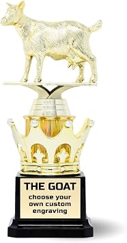 Alpha Awards Goat Trophy - G.O.A.T. - Greatest of All Time Funny Trophy Award with Option for Custom Plate - Appreciation Gift for Boss, Coworker, Friend - League Champion Award Winner