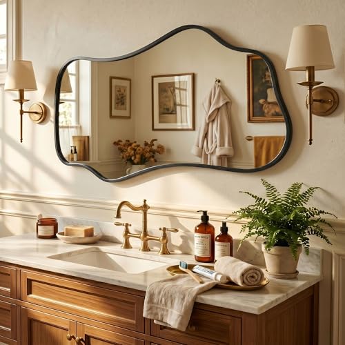 Image of Bathroom Mirrors for Over Sink-Horizontal or Vertical Hanging 47.2 inchx21.6 inch Black Asymmetrical Wavy Aluminum Frame Decorative Full Body Mirror for Living Room,Bedroom,Cloakroom,Entryway