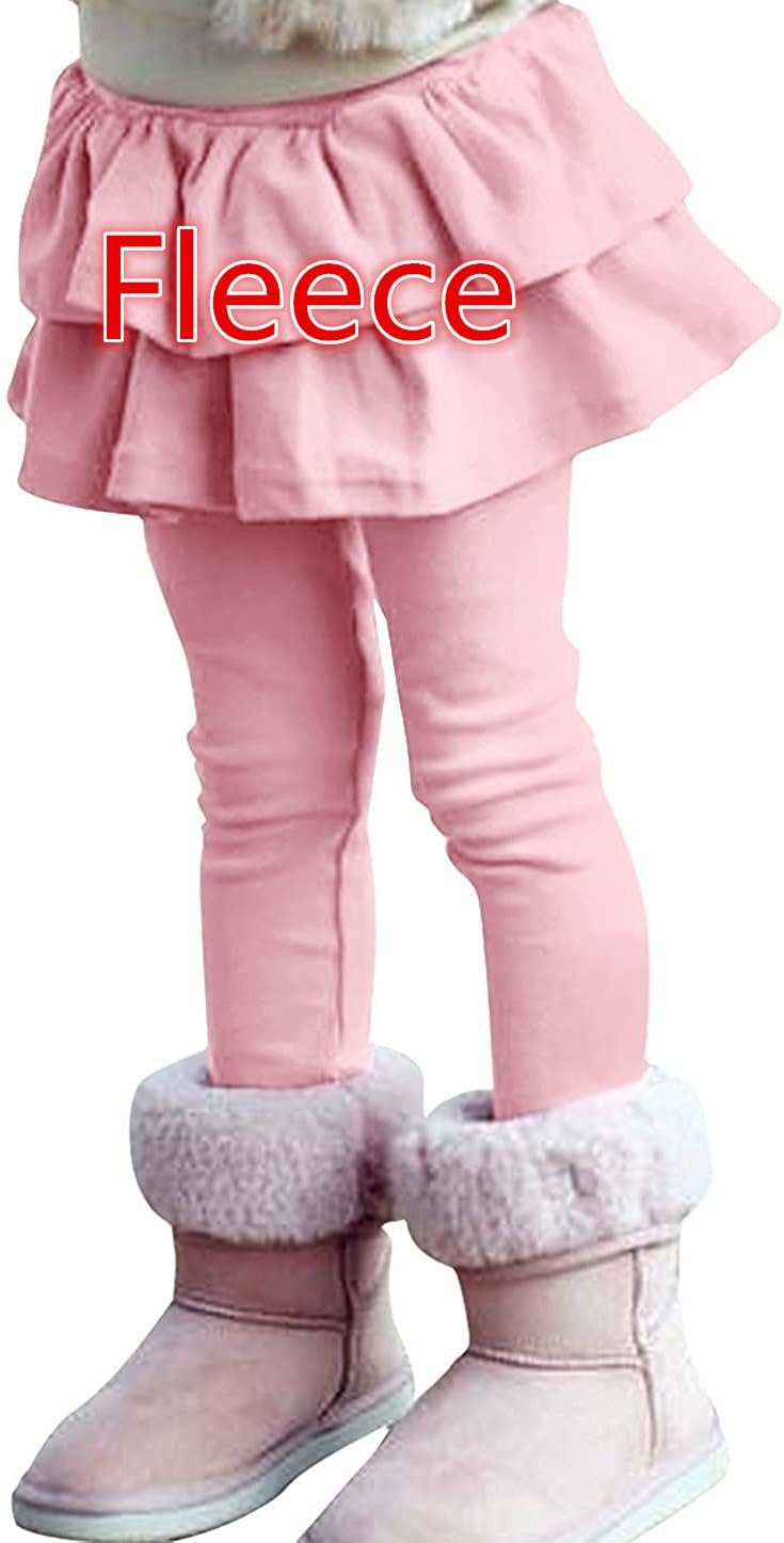 Little Girls Elastic Waist Fleece Lined Leggings with Ruffle Tutu Skirt