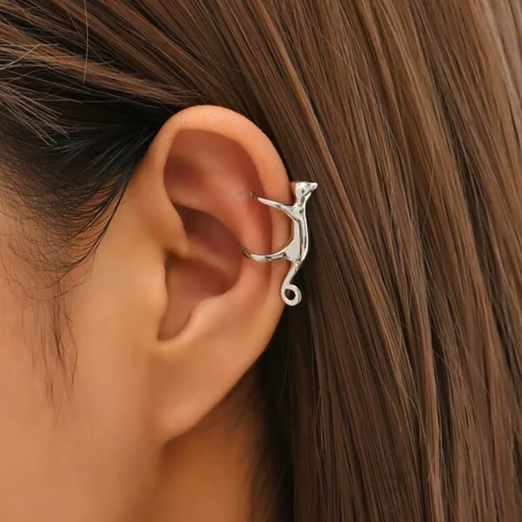 Cat Earring for Women - Cute Ear Cuff Climber Crawler Earring Silver Non Pierced Ears Hypoallergenic Earrings for Cat Lover Funny Jewelry3