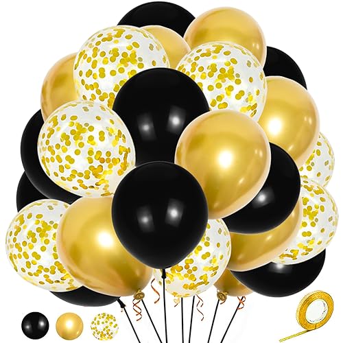 Image of Black and Gold Balloons Kit, 12 Inches Metallic Gold Balloons Confetti Balloon and Black Balloons with Ribbon for Birthday Graduation New Year Decorations.50Pcs