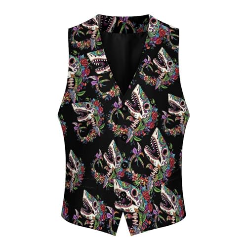 Shark Sugar Skull Mexico Dia De Los Trendy Vest Suit for Men V Neck Formal Dress Waistcoat Vests Business Slim Fit3