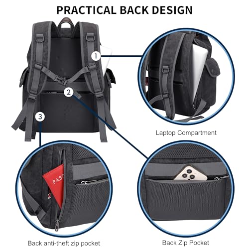 Image of WITZMAN Canvas Backpack for Men Vintage Rucksack Fits 15.6 inch Laptop | Drawstring Backpack, High Capacity Casual Daypack with USB Charging Port, For Vacation, Overnight Trip, A8004 Black /Gery