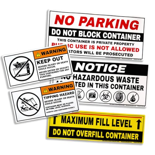 Dumpster Safety Kit Labels – 5 Pack Warning Stickers for Dumpsters & Trash Containers – No Parking, No Hazardous Waste, Max Fill Line, Keep Out, Tipping Hazard – Weatherproof Vinyl Decals