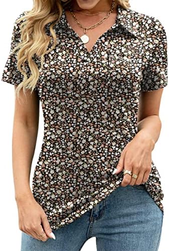AKEWEI Womens Black Floral Polo Shirts Short Sleeve Tunic Tops Loose Casual V Neck Collared Blouse with Pocket Black Floral 3XL