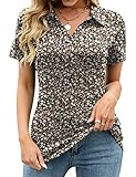 AKEWEI Womens Black Floral Polo Shirts Short Sleeve Tunic Tops Loose Casual V Neck Collared Blouse w