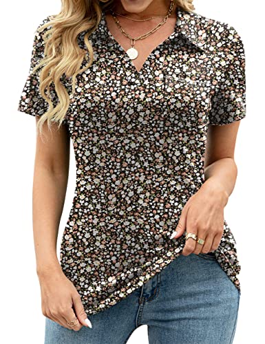 Akewei Womens Black Floral Polo Shirts Short Sleeve Tunic Tops Loose Casual V Neck Collared Blouse With Pocket Black Floral 3Xl #TOP10