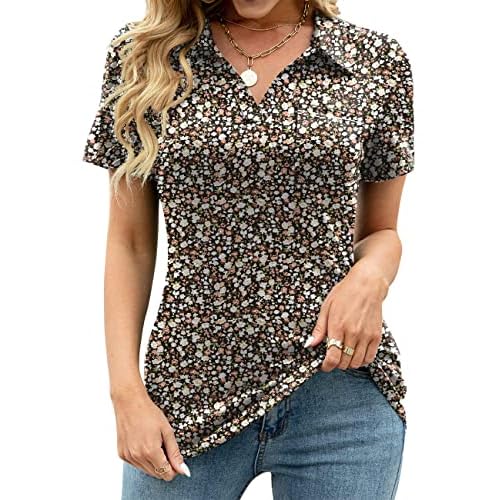 AKEWEI Womens V Neck Polo Shirts Short Sleeve Collared Tops Loose Casual Tunic Blouses with Pocket