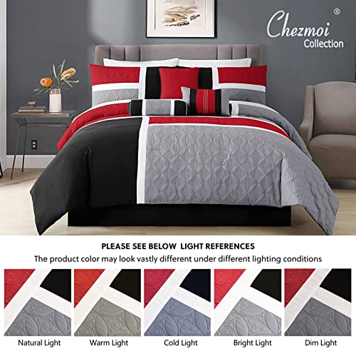 Chezmoi Collection 7-Piece Quilted Patchwork Comforter Set, Red/Gray/Black, California King #TOP6