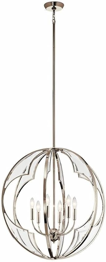 6 Light Contemporary Candle Style Orb Chandelier Light Fixture with Clear Beveled Glass, Polished Nickel