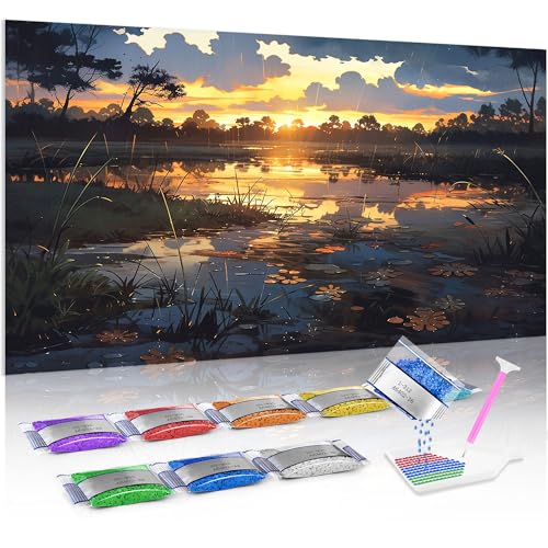 Diamond Painting 5D Anochecer en el Estanque: Decora tu Salón con este Kit de Punto de Cruz