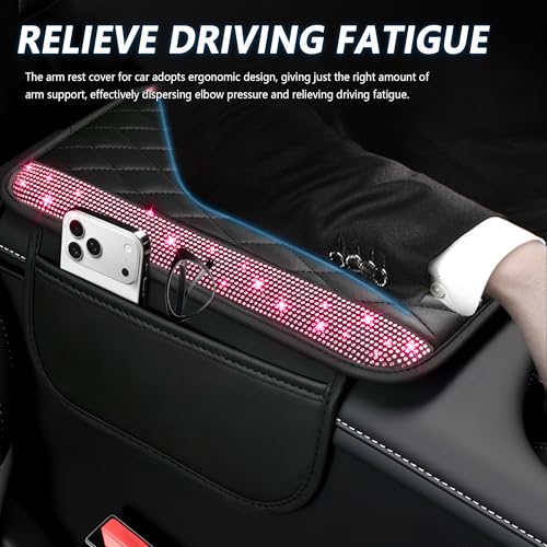 Image of Stacool Upgraded Car Center Console Cover with Rhinestones,Microfiber Leather Car Armrest Cover Cushion with 2 Storage Bags,Universal Cars Armrest Storage Box as Cars Interior Accessories