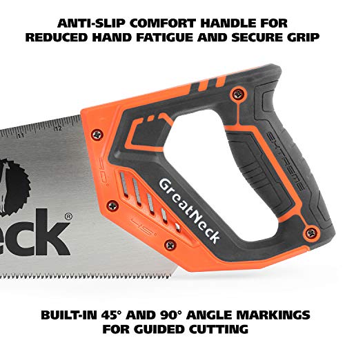 GreatNeck 74001 Hand Saw 15 Inch, Aggressive Tooth Hand Saw for Wood Cutting, Alloy Steel 9 TPI Blade, Anti-Slip Composite Handle, Ruler on Blade for Accurate Cuts