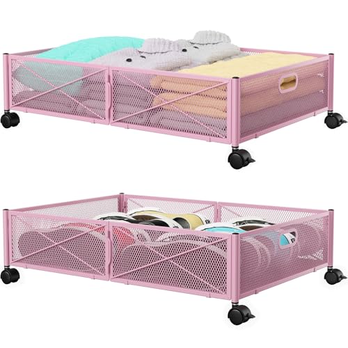 Under the Bed Storage Containers with Wheels, Under Bed Storage, Under Bed Shoe Storage Organizer Drawer, Tool-free Assembly Metal Underbed Storage Containers -Pink