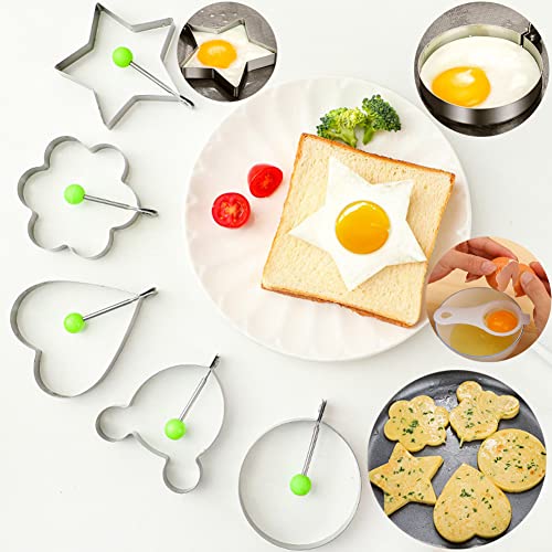 Foto von Spiegeleiform Edelstahl Ei Rings Fried Egg Ringe Pfannkuchenform Schimmel Bürste Eierfilter Verschiedenen Formen mit Griff Omelettpfannen Eierpfannkuchenringe für Spiegeleier Sandwiches 5 Stück