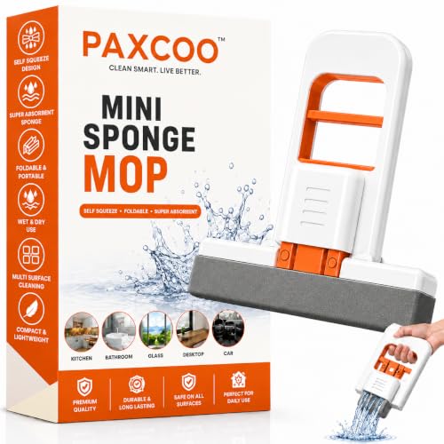 Image of PAXCOO Mini Foldable Desktop Mop for Kitchen, Self-Squeeze Handheld Cleaning Tool, Portable Space-Saving Cleaner, Wet and Dry Cleaning Tool for Home, Kitchen, Bathroom, Floor, Mirror, Car & Office